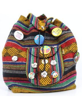 Vibrant Funky Buttons Handcrafted Mexican Woven Backpack Drawstring Hippie Gear